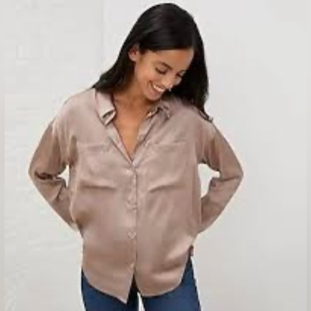 UpWest Rose Blush Crinkled Satin Button Down